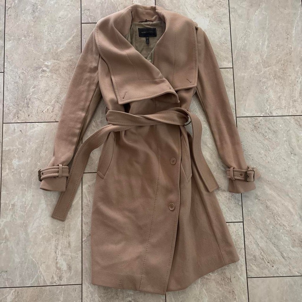 BCBGMAXAZRIA Carlin Belted Trench Coat Tan Camel Brown Shawl Collar Small
